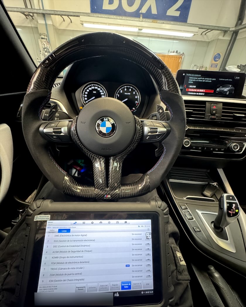 Escáner conectado a un BMW, con la lista de módulos en pantalla